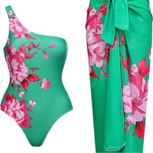 Floral Green One-Shoulder Swim One Piece